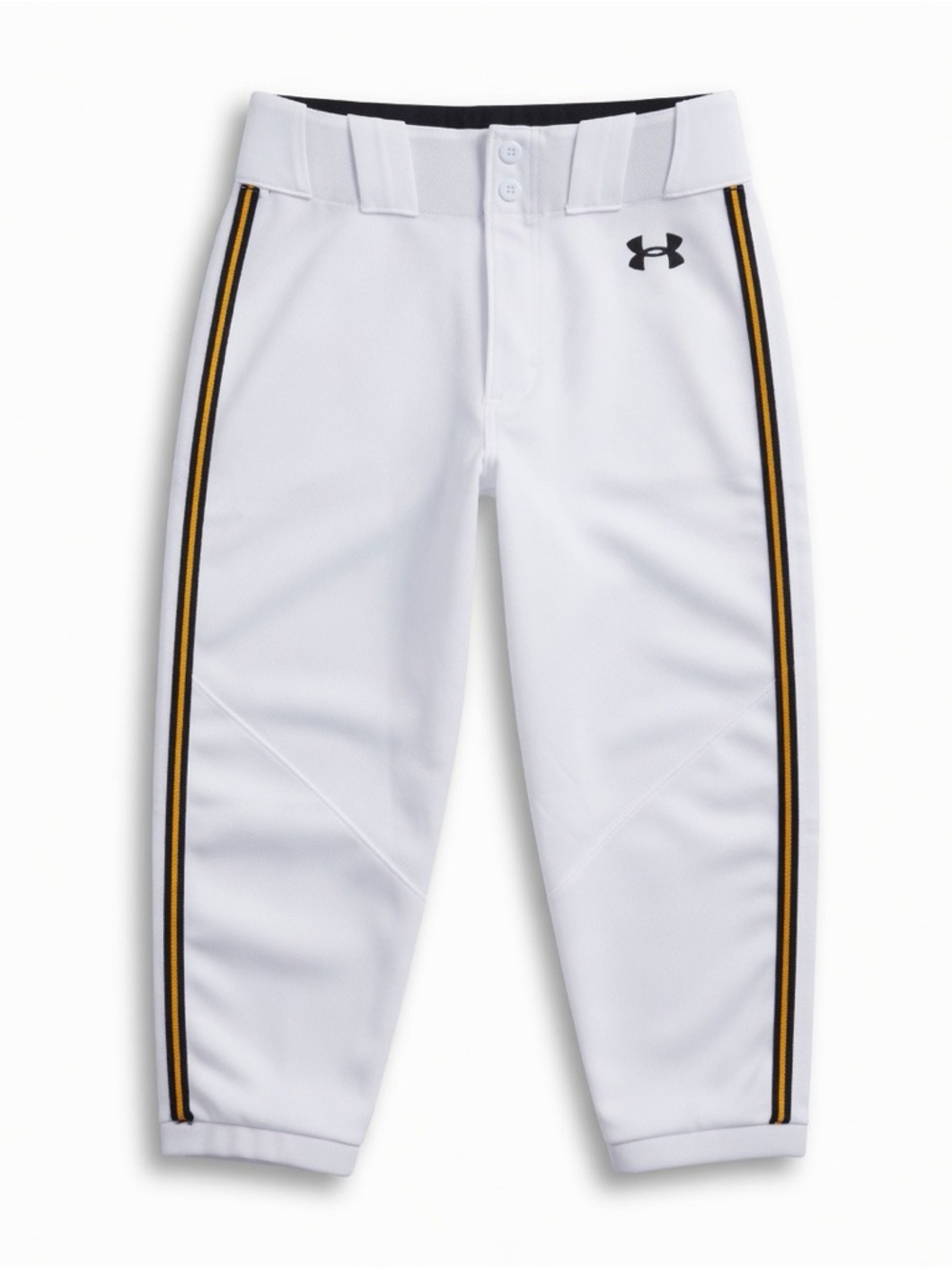 Under Armour White Kids Baseball Pants with Black & Gold Side Stripes